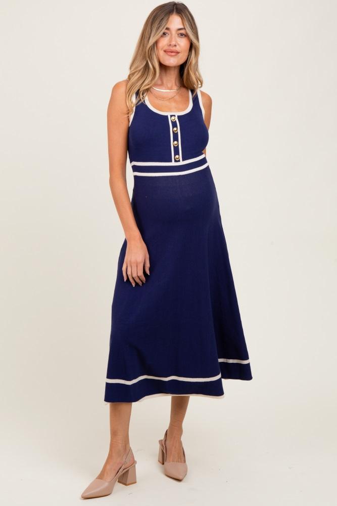 navy ribbed knit button accent sleeveless maternity midi dress
