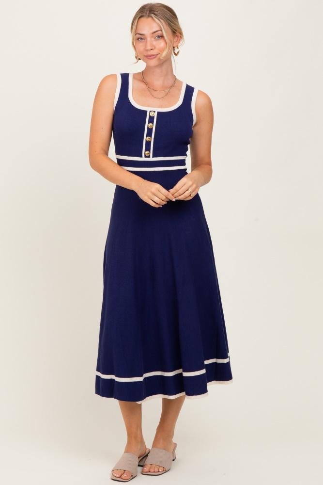 navy ribbed knit button accent sleeveless midi dress
