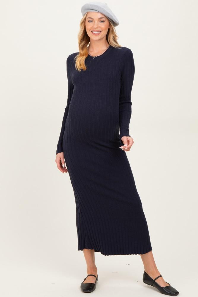 navy ribbed knit fitted maternity midi sweater dress