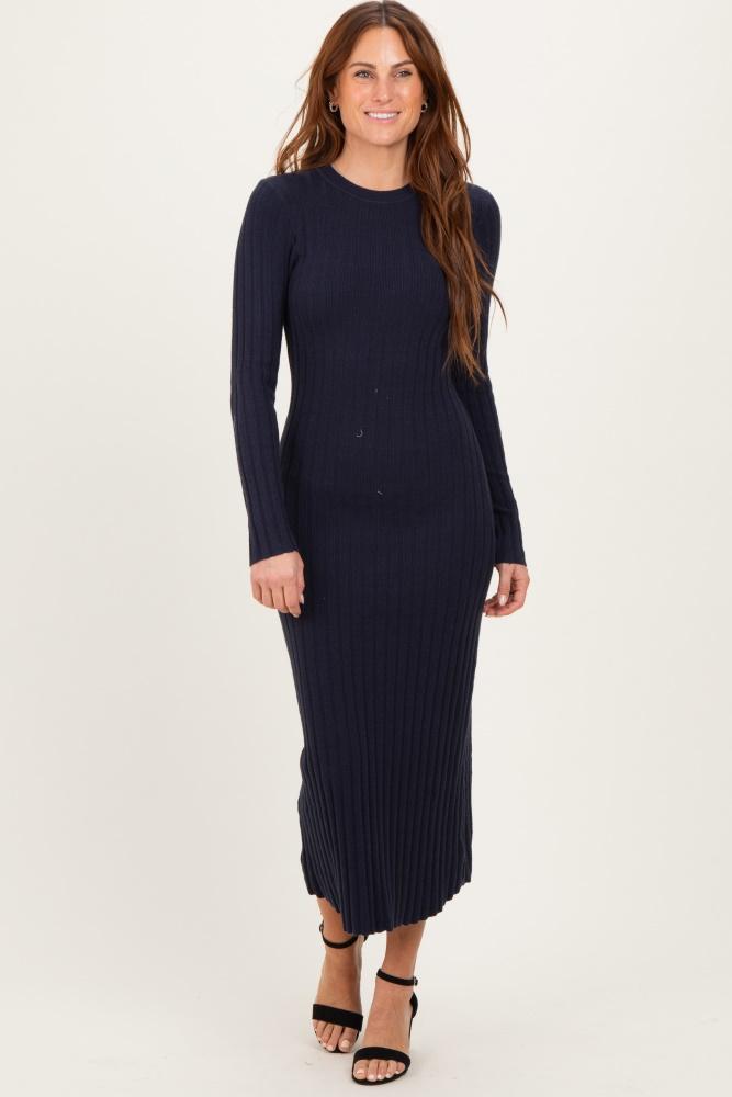 navy ribbed knit fitted midi sweater dress