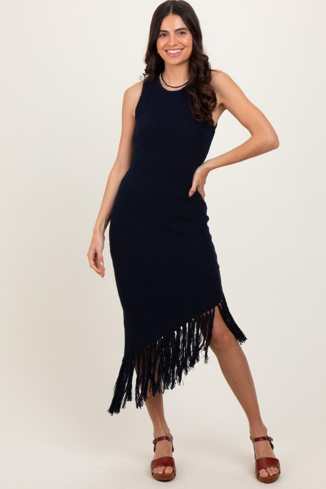 navy ribbed knit fringe asymmetrical hem dress
