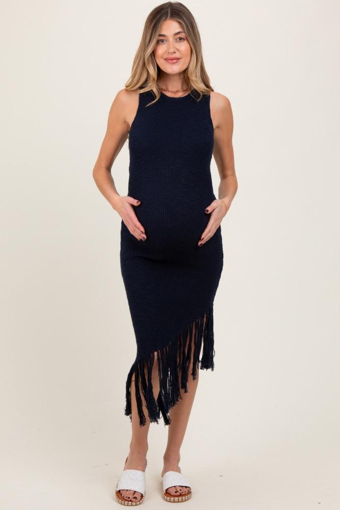 navy ribbed knit fringe asymmetrical hem maternity dress