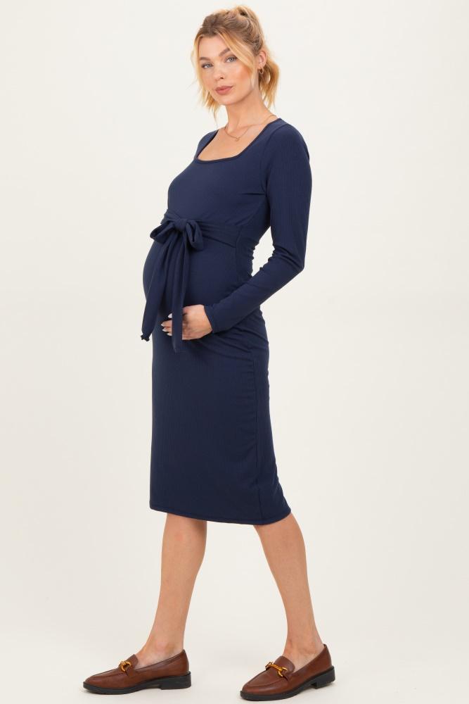 navy ribbed long sleeve square neck tie belt maternity midi dress