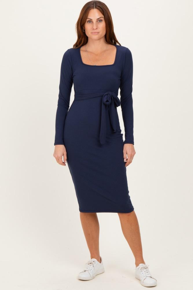 navy ribbed long sleeve square neck tie belt midi dress