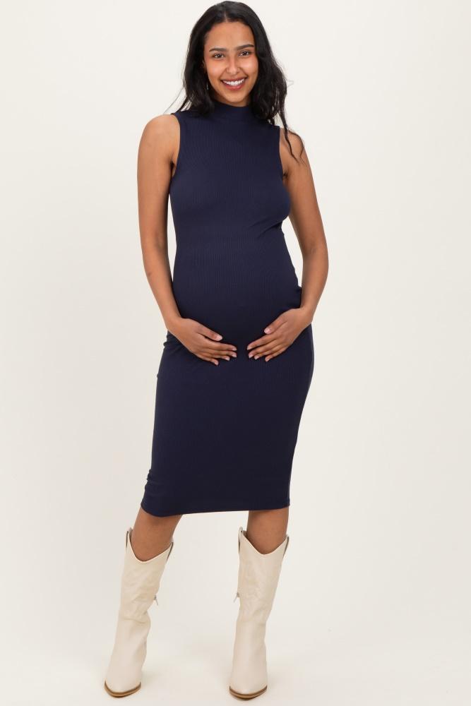 navy ribbed mock neck maternity midi dress