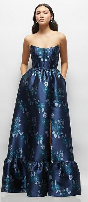 navy rose damask strapless cat-eye bodice maxi dress with ruffle hem