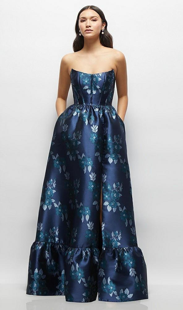 navy rose damask strapless cat-eye bodice maxi dress with ruffle hem