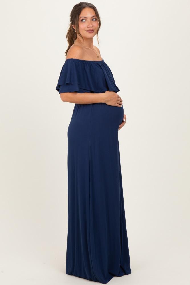 navy ruffle off shoulder maternity maxi dress