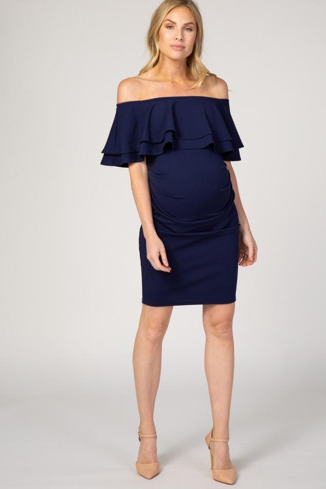 navy ruffle off shoulder ruched maternity dress
