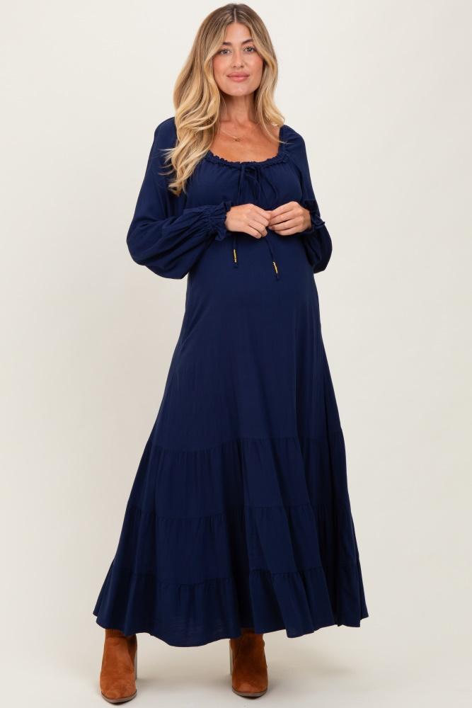 navy ruffled fit and flare maternity maxi dress