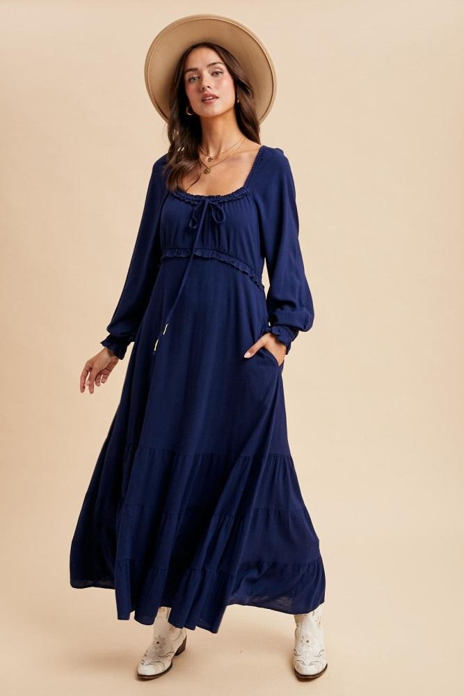 navy ruffled fit and flare maxi dress