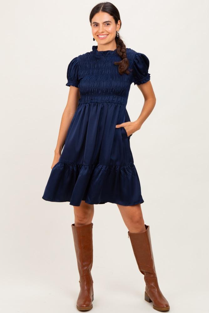 navy satin smocked mock neck dress