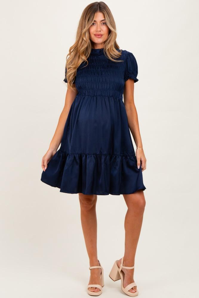 navy satin smocked mock neck maternity dress