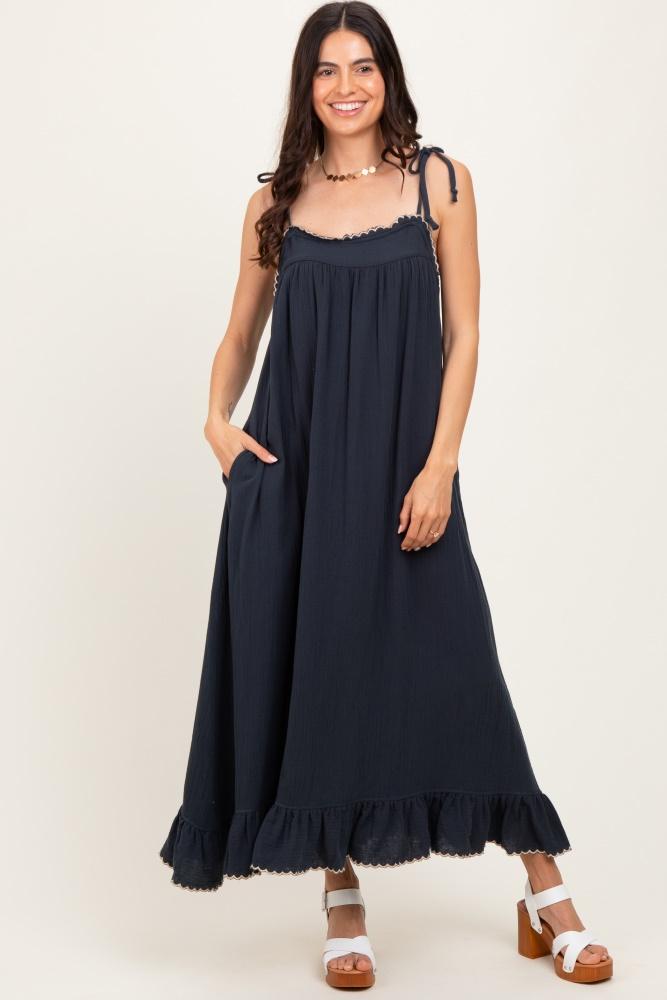 navy scallop trim shoulder tie maxi dress