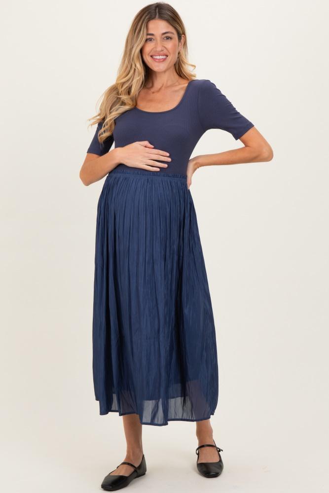 navy scoop neck pleated skirt ballet maternity dress