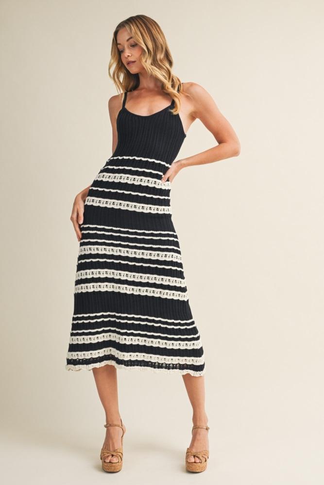 navy sleeveless striped crochet dress