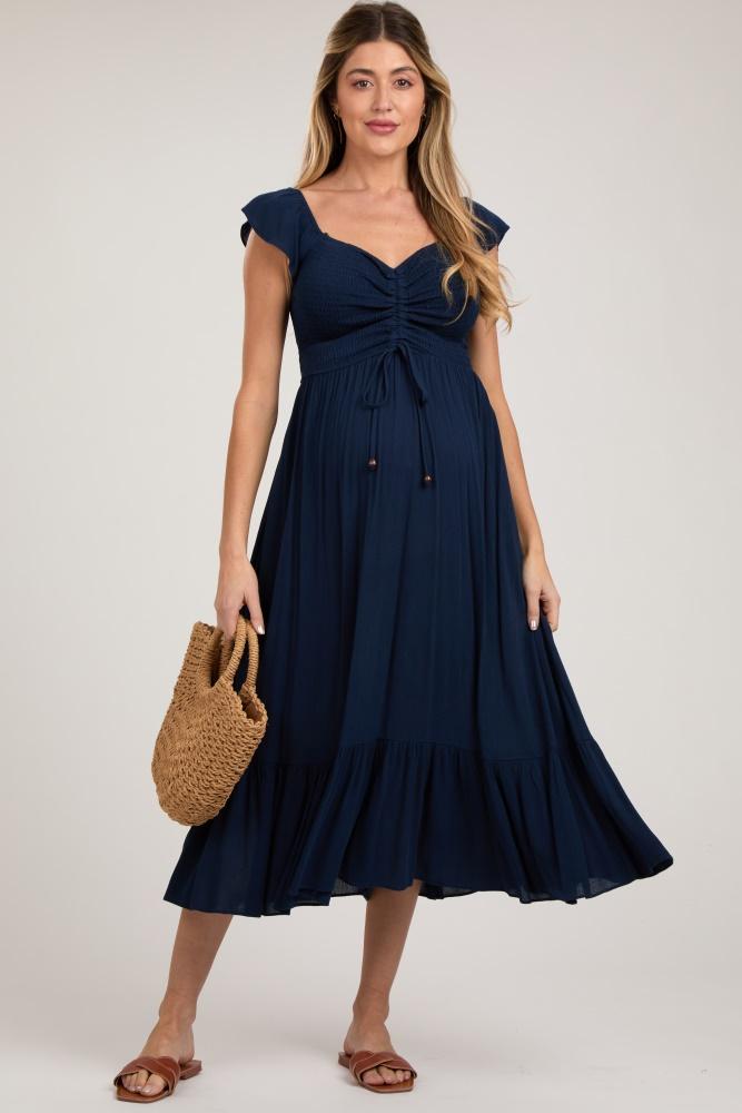navy smocked ruched ruffle hem maternity maxi dress