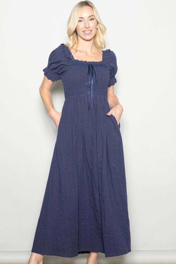 navy smocked ruffle accent ribbon tie maxi dress