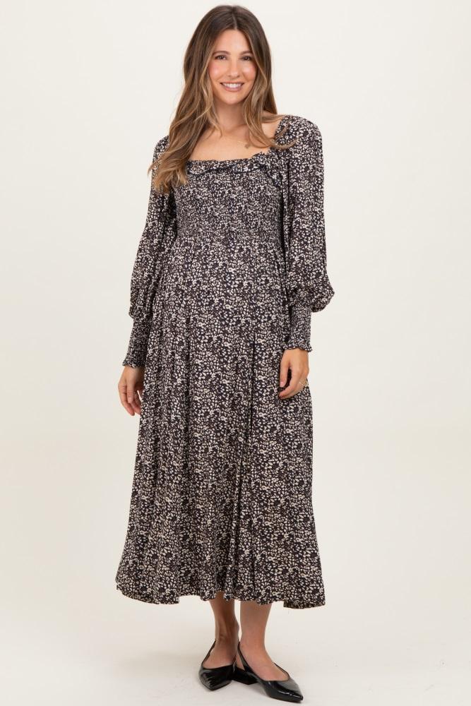 navy smocked ruffled floral maternity maxi dress
