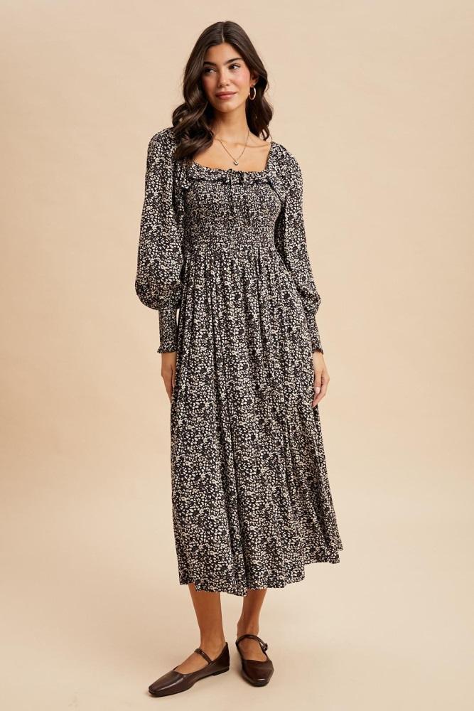 navy smocked ruffled floral maxi dress