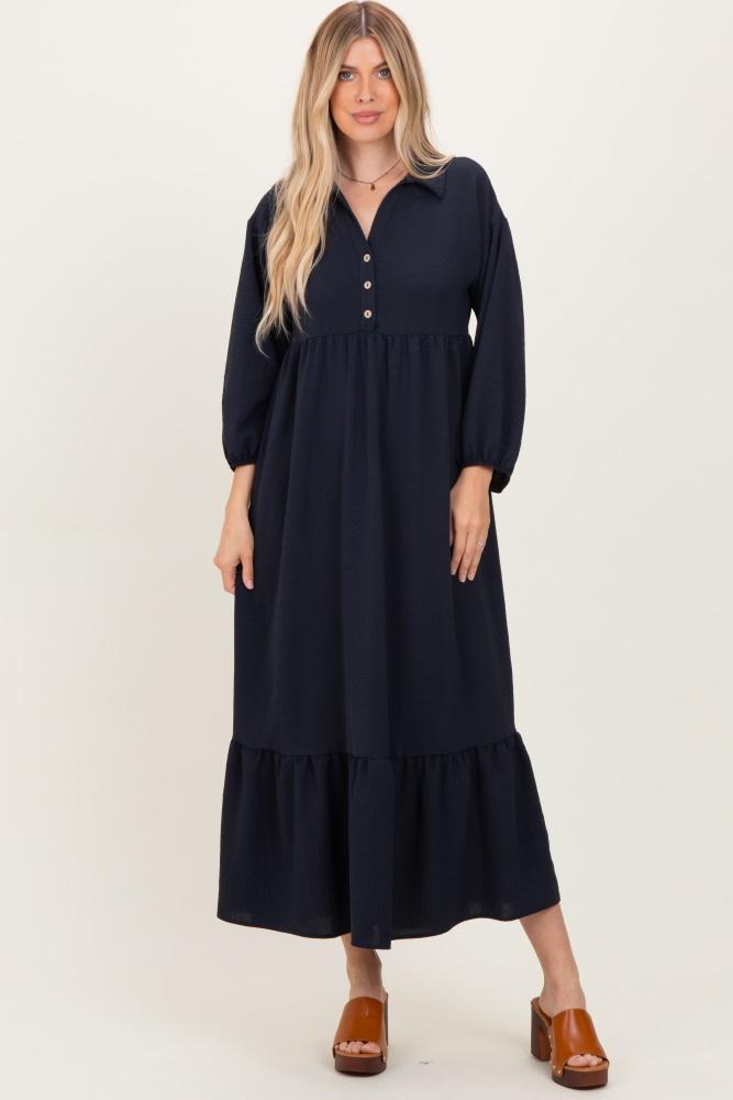 navy solid long sleeve button down tiered collared dress