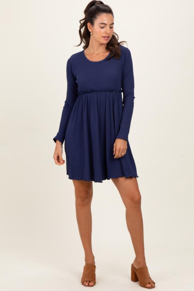 navy solid ribbed long sleeve crewneck shirring mini dress