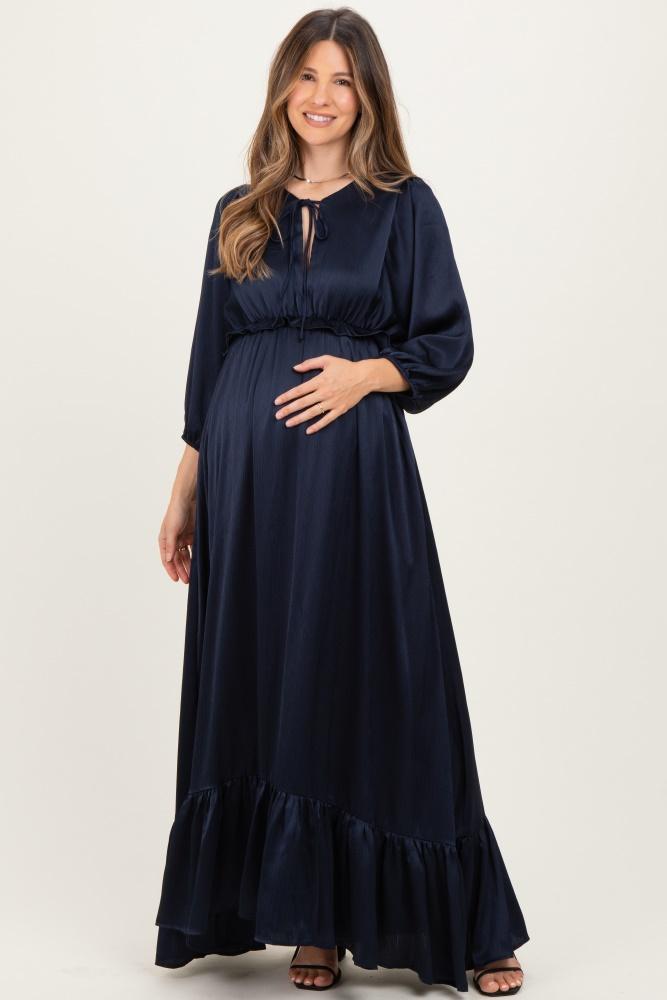 navy solid satin long sleeve open v-neck ruffle waist tiered maternity maxi dress