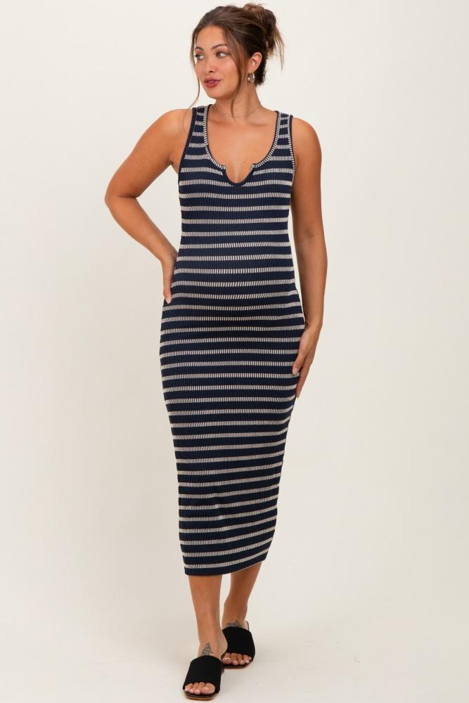 navy stripe ribbed sleeveless v neck maternity maxi dress