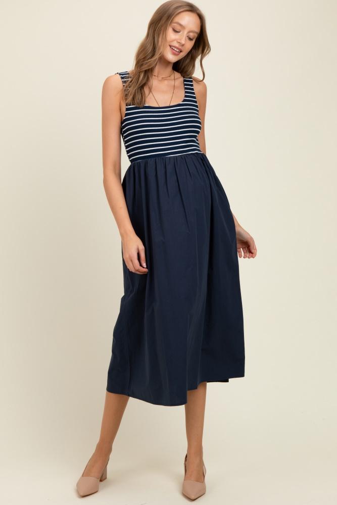 navy striped contrast sleeveless maternity midi dress