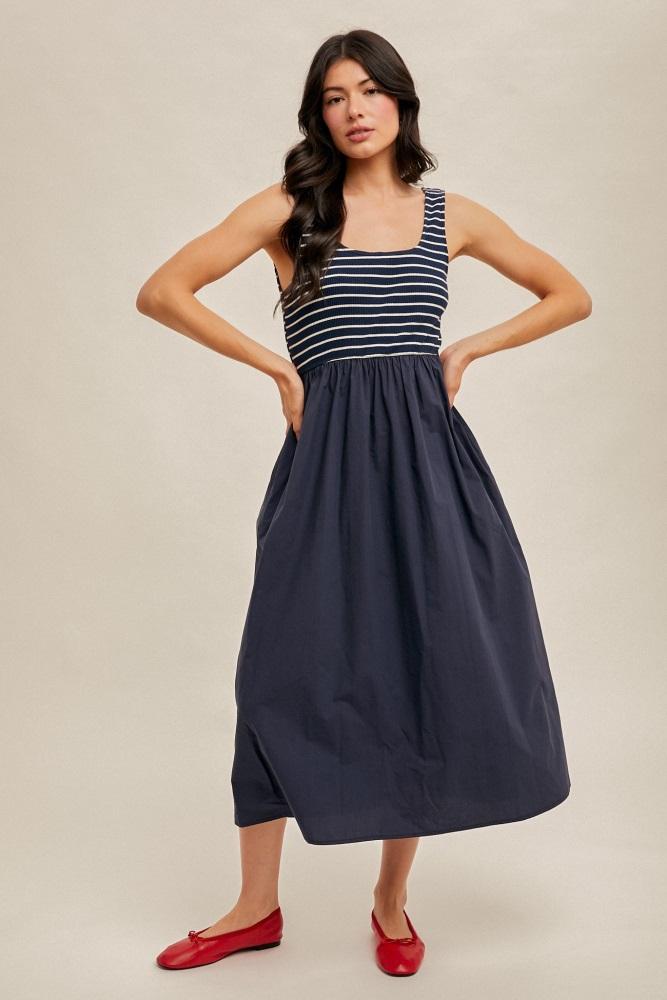 navy striped contrast sleeveless midi dress