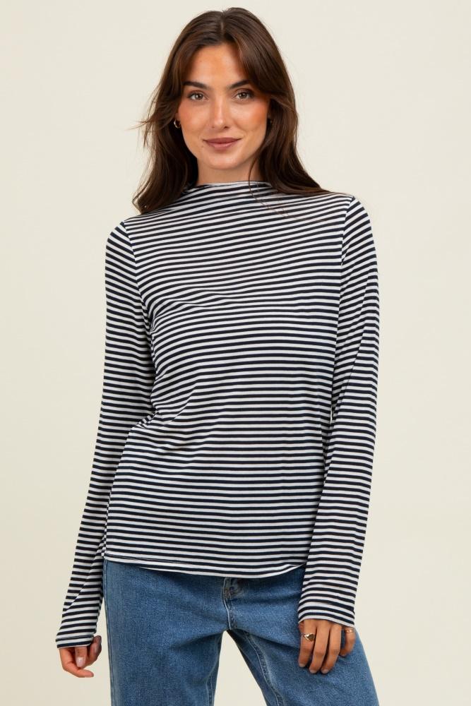 navy striped high neck long sleeve top
