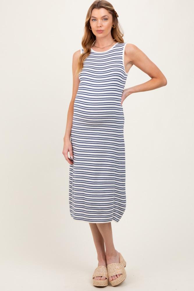 navy striped knit sleeveless maternity midi dress