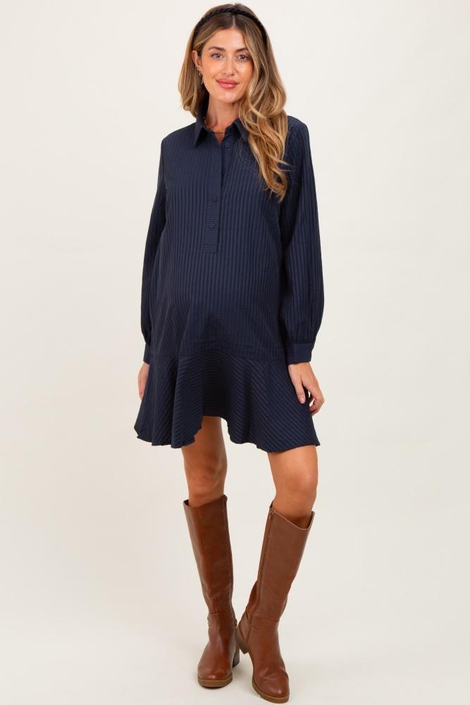 navy striped long sleeve drop waist maternity polo dress