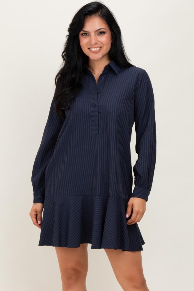 navy striped long sleeve drop waist polo dress