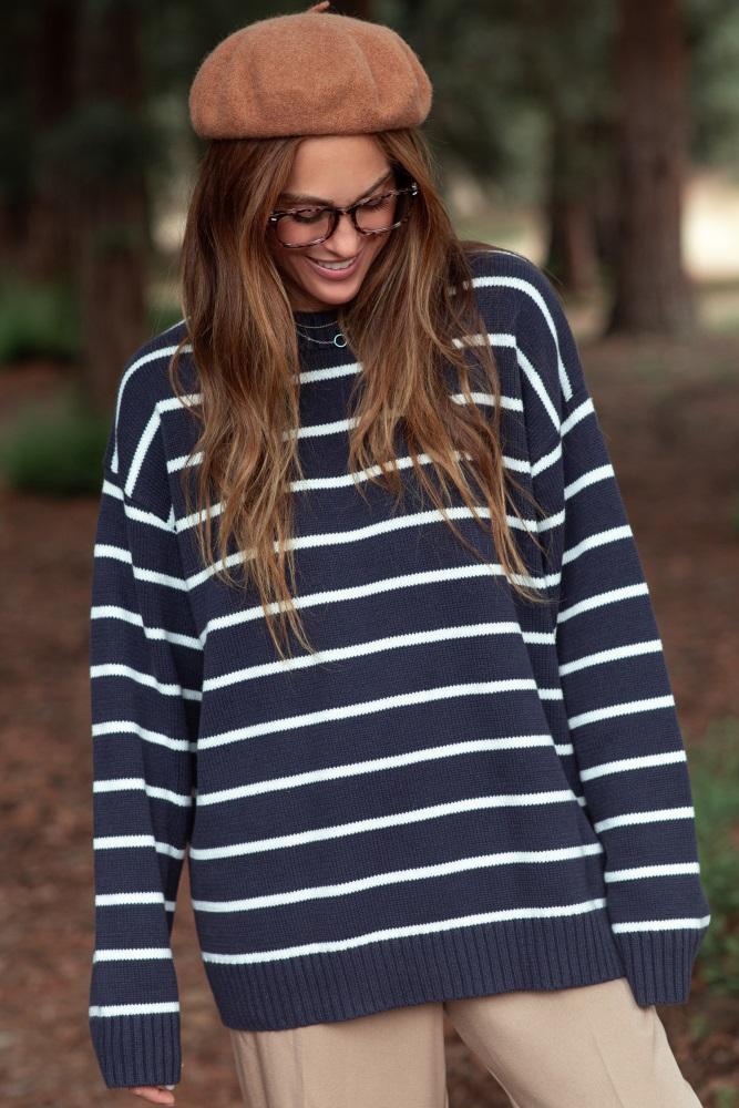 navy striped oversized sweater