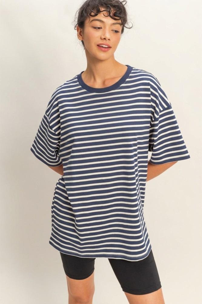 navy striped short sleeve crew neck oversized cotton top