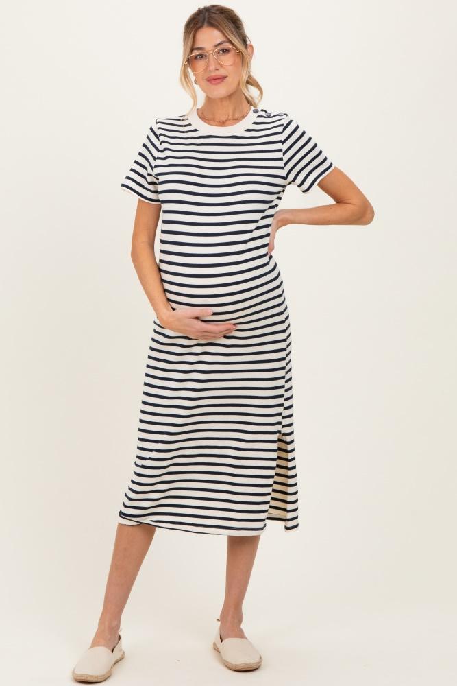 navy striped short sleeve maternity midi dress