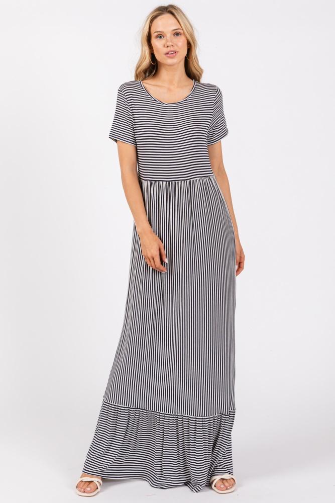 navy striped short sleeve maxi dress