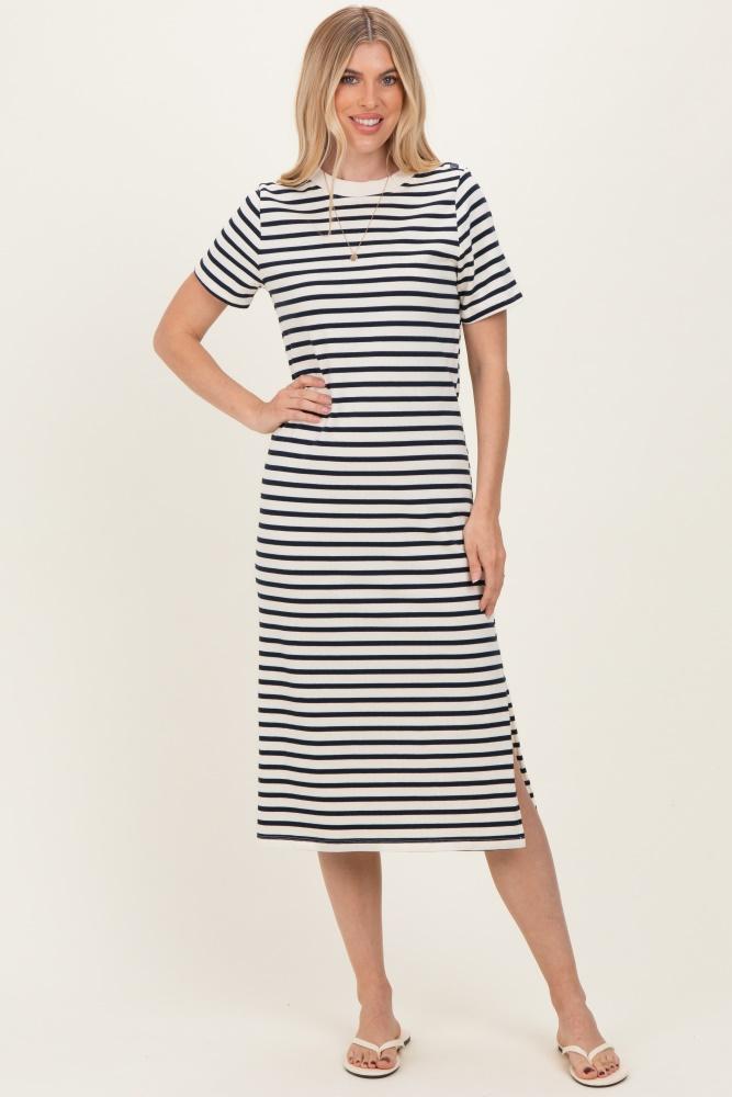 navy striped short sleeve midi dress