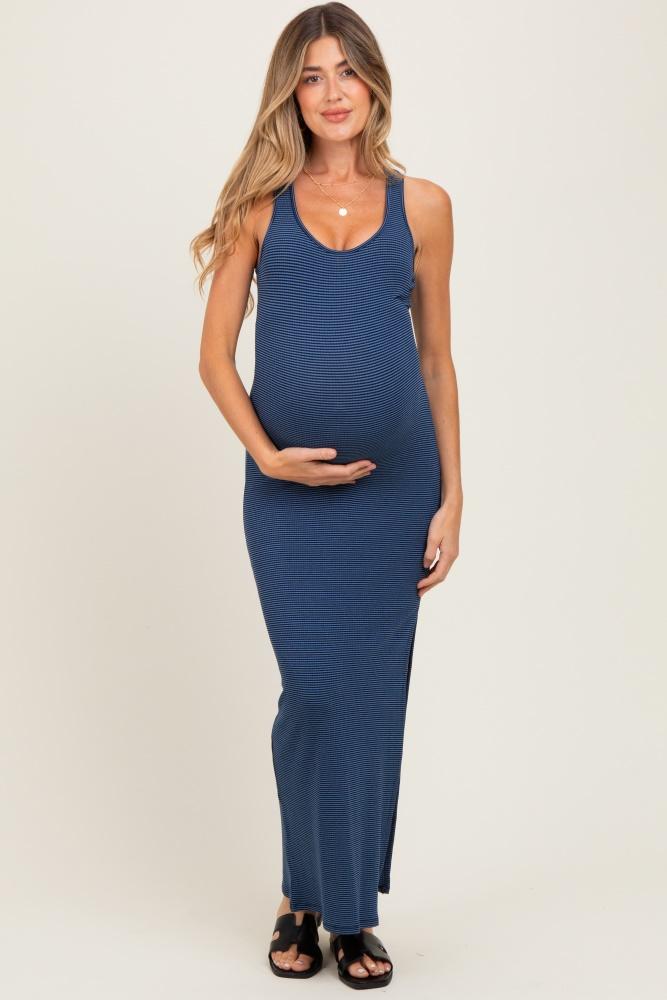 navy striped side slit maternity maxi dress