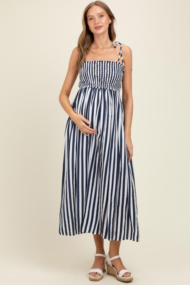 navy striped smocked shoulder tie maternity midi dress