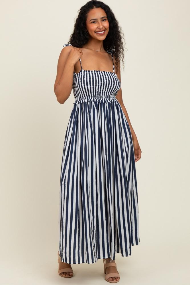 navy striped smocked shoulder tie midi dress