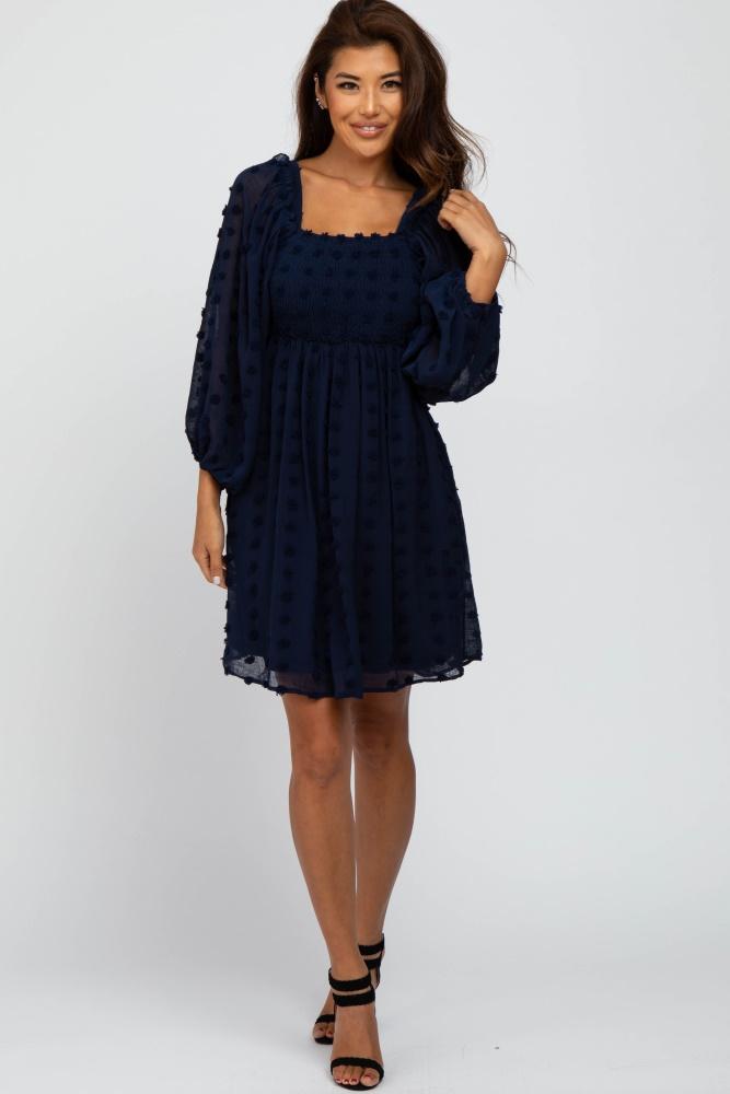 navy textured dot smocked square neck chiffon dress