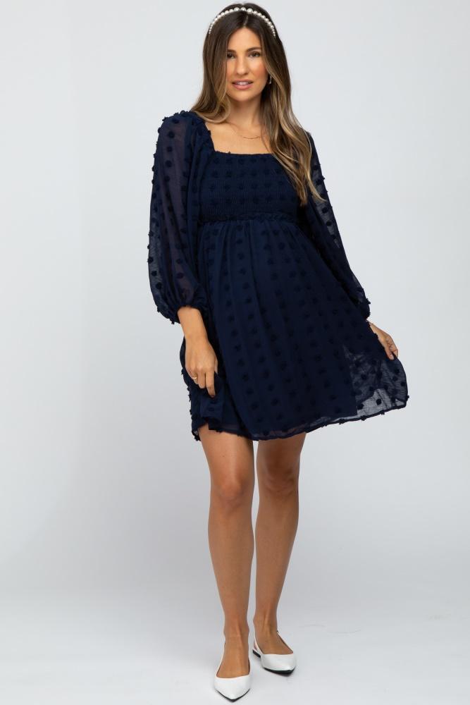 navy textured dot smocked square neck chiffon maternity dress