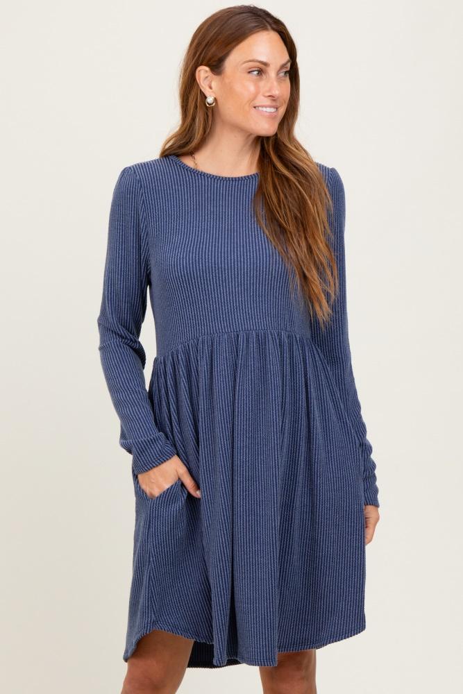 navy textured rib long sleeve dress