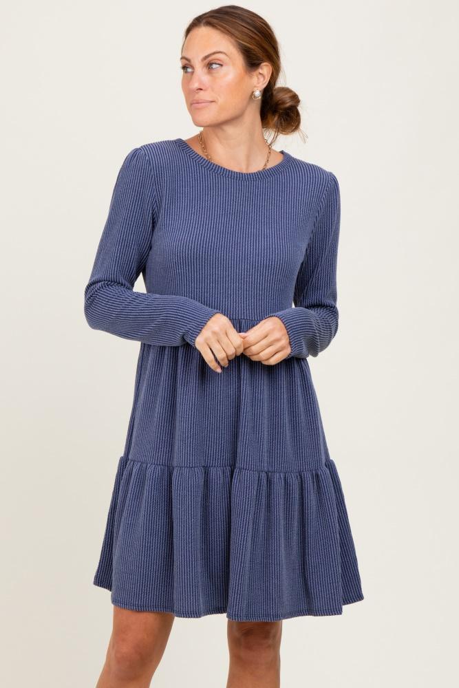 navy textured rib tiered long sleeve dress