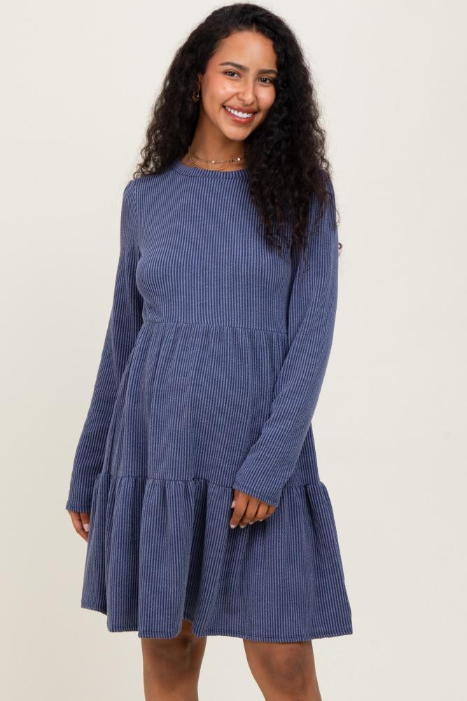 navy textured rib tiered long sleeve maternity dress