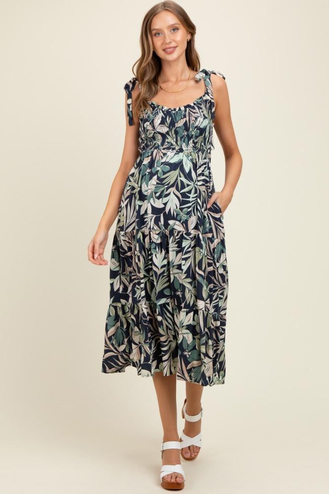 navy tropical print smocked shoulder tie maternity midi dress
