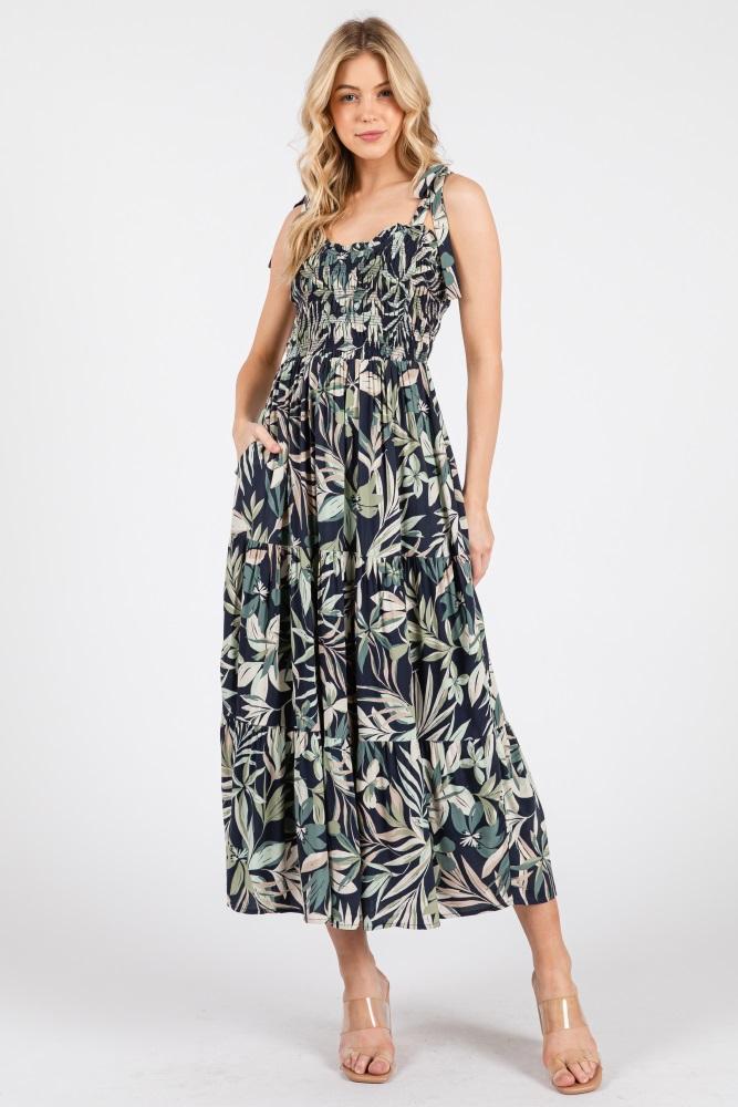 navy tropical print smocked shoulder tie midi dress