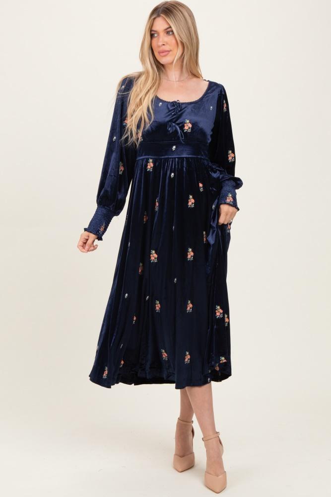 navy velvet embroidered floral midi dress